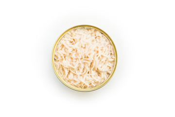 Canned chicken isolated, open chicken tin on a white background, Canned soy, chicken packed in water