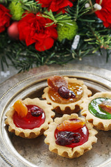 Christmas cookies with jelly and dried fruits.