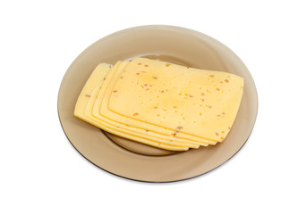 Sliced cheese made with crushed walnuts on glass dish