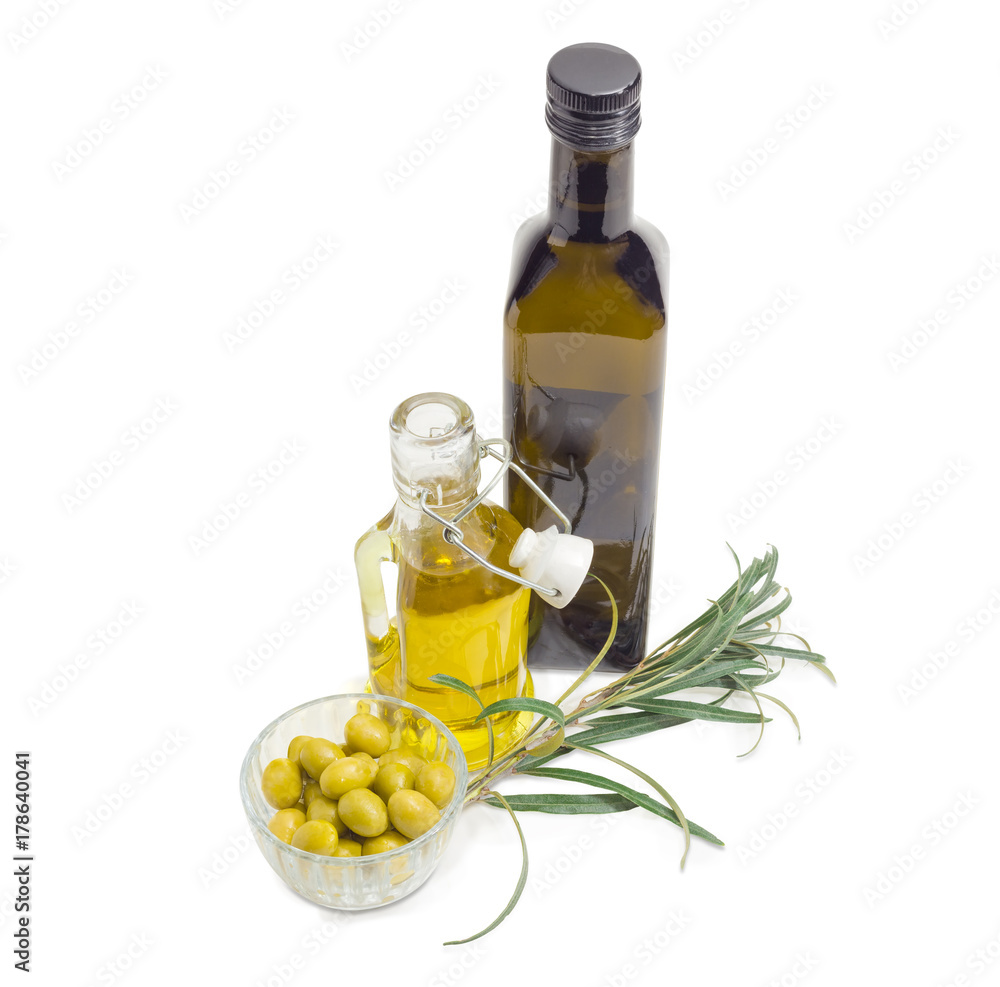 Wall mural green olives, two bottles of olive oil and olive branch