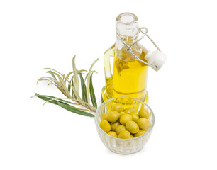Green olives, olive oil and olive branch