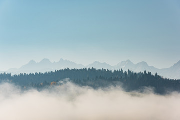Tatra range mountains peaks in fog