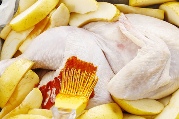 Preparing poultry for baking.