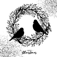 Black Christmas Wreath with Bullfinch. tree branch. Birds silhouette, Happy New Year. Circle frame. Space for text. white background. Vector