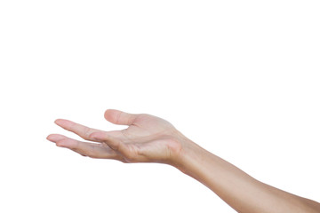 Hand gesture open up seem like a holding something empty isolated on white background. Clipping...