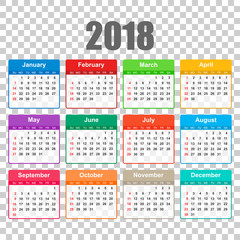 Calendar 2018 year in simple style. Calendar planner design template. Week starts on Sunday. Business vector illustration.