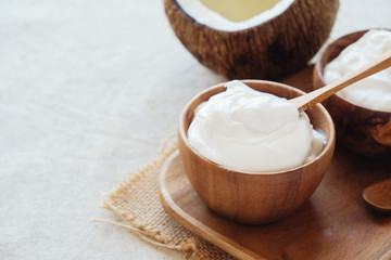 organic coconut yogurt in wooden bowl, dairy free yogurt, probiotic food