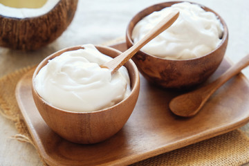 organic coconut yogurt in wooden bowl, dairy free yogurt, probiotic food