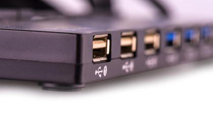 Detail of many USB ports on a computer port multiplier hub