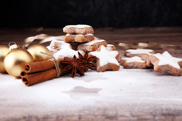 Christmas homemade gingerbread cookies with sugar powder. star cookies