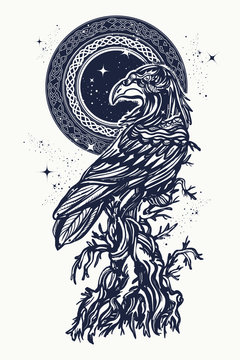 Raven and old tree tattoo and t-shirt design. Symbol of gothic, halloween, fear. Old Celtic raven on an ancient tree t-shirt design