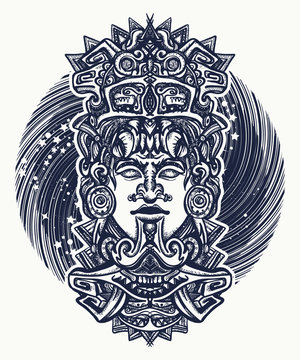 Mayan tattoo and t-shirt design. Ancient aztec totem, Mexican god. Ancient Mayan civilization. Indian mayan carved in stone tattoo art