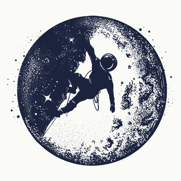 Astronaut tattoo and t-shirt design. Astronaut on the moon. Spaceman new planets. Research symbol space, Universe. Brave astronaut at the spacewalk on the moon tattoo