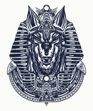 Anubis tattoo and t-shirt design. Anubis, god of war, Golden Mask of the Pharaoh, symbol of next world, kingdom of dead tattoo art