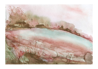 Silhouettes of villages, on a hill, among a forest, rivers.  Watercolor painting.
Winter, autumn, spring landscape. Postcard, poster, handmade illustration.