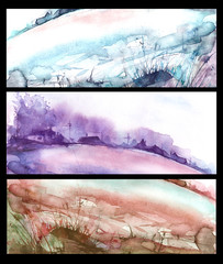 Watercolor set of fragments, elements of the landscape. A picture, a bookmark, a frame, a postcard,  poster. Watercolor landscape, village, branch, bush, tree, house, sky, earth. Seasons