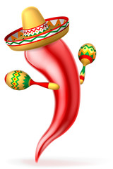 Cartoon Chilli Pepper with Maracas and Sombrero