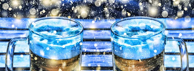 Selbstklebende Fototapeten Bier Crafting beer . Two mugs of beer New Year, Christmas.  © hannamartysheva