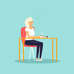 Girl drinking coffee. Flat design vector illustration.