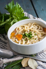 Homemade chicken soup with homemade noodles..