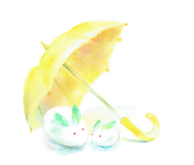 雪うさぎ　黄色の傘　水彩画