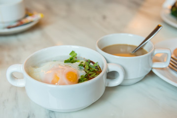 Rice gruel breakfast on table.