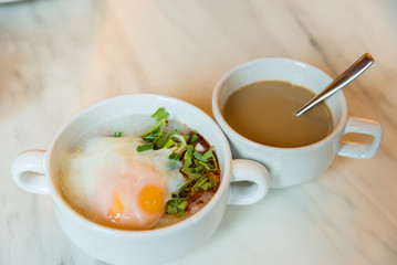 Rice gruel breakfast on table.