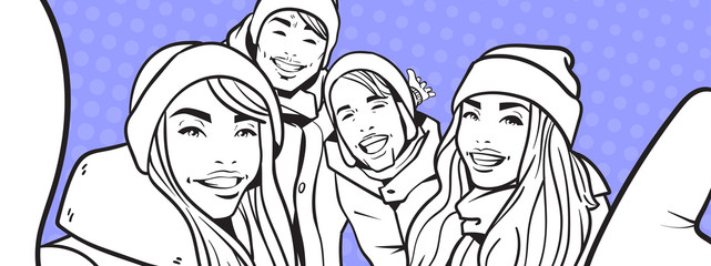 Sketch Of Young People Group Making Selfie Photo Wearing Winter Clothes Over Colorful Retro Style Background Mix Race Man And Woman Happy Smiling Take Self Portrait Vector Illustration