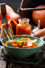 Alfredo pasta sauce with butternut squash, garlic and Parmesan .selective focus