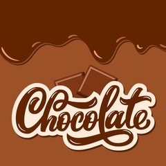 Liquid Chocolate hand lettering, custom typography, cartoon letters on cacao background. Vector type illustration.