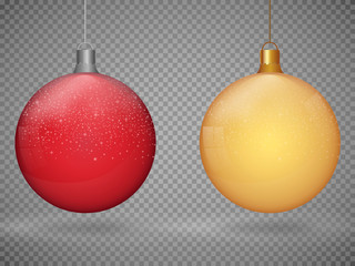 Set template of glass color Christmas balls. Stocking element christmas decorations. Vector object for design. Shiny toy with silver glow. Vector illustration on a transparent background.