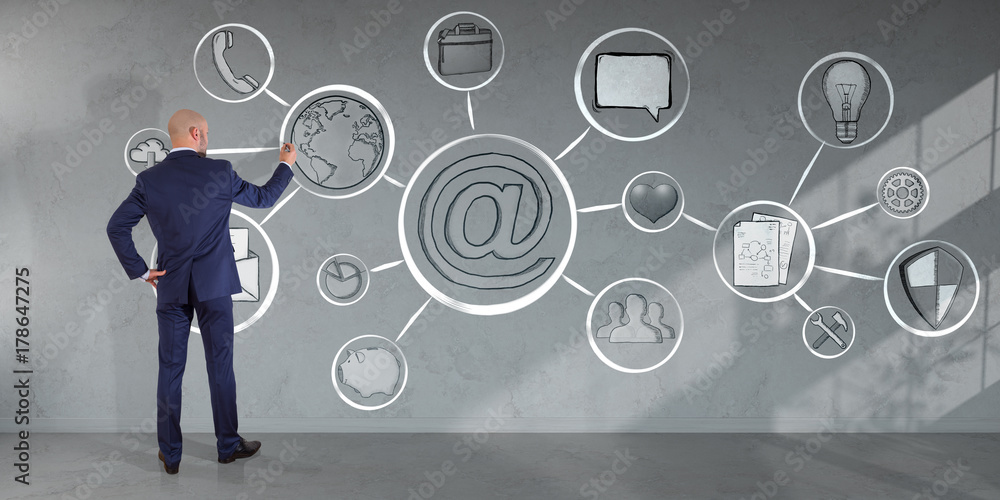 Poster businessman drawing multimedia interface sketch on a wall 3d rendering