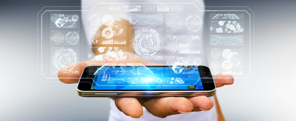 Businessman using digital screens with holograms datas 3D rendering