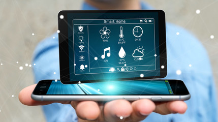 Businessman using smart home remote device 3D rendering