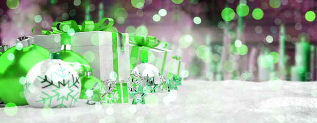 Green and white christmas gifts and baubles lined up 3D rendering