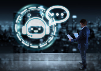 Businessman watching chatbot application on a rooftop 3D rendering