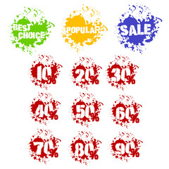Grunge dozens sale percents with splashes icon set. Decades of numbers in spatters from 10 to 90 percent, also best choice, popular and sale lettering as bonus. Isolated on white. Vector illustration