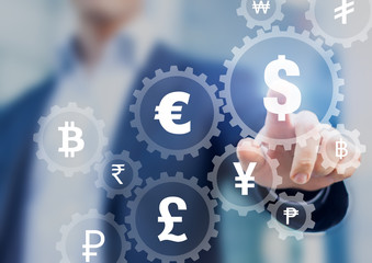 Foreign exchange trading concept with currency symbols inside connected gears