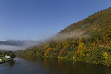 morning fog over the river Neckar in autumn