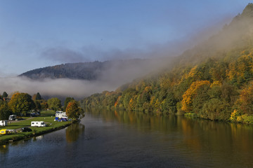 morning fog over the river Neckar in autumn