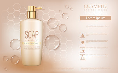 Cosmetic product poster, beige liquid soap bottle with water drops isolated on bright background.