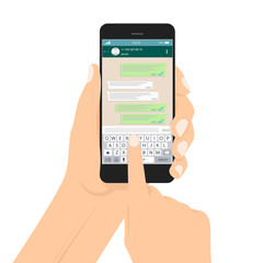 Hand holding smartphone, touching screen and write message in social network.