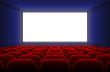 Realistic cinema hall interior with blank white screen and red seats vector illustration