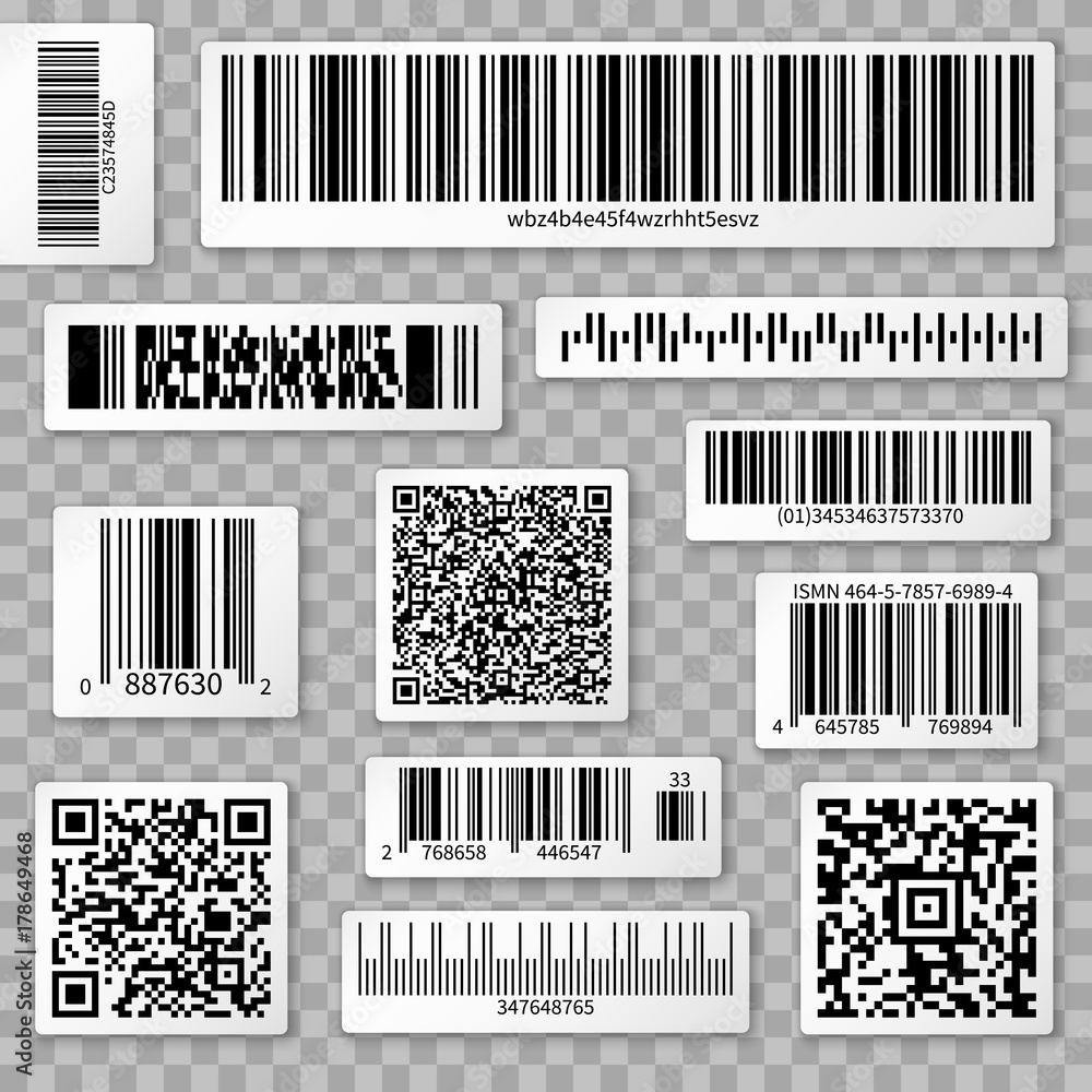 Poster qr codes, bar and packaging labels isolated on transparent background