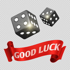 Realistic casino dice and red good luck banner