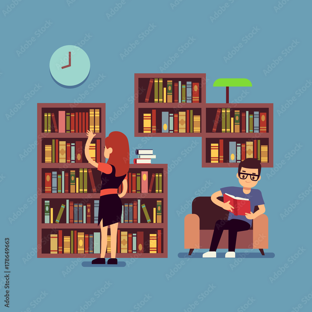 Sticker young couple reading books - flat library or living room concept