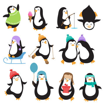 Funny christmas penguins vector characters