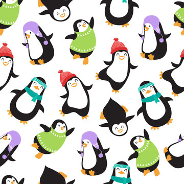 Cute christmas baby penguins vector seamless pattern