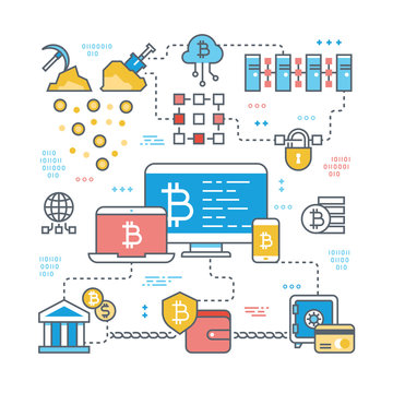 Blockchain and internet cryptocurrency transaction. Bitcoin stock market and finance support vector concept