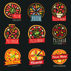 Pizza color labels isolated. Italian restaurant vector badges and emblems
